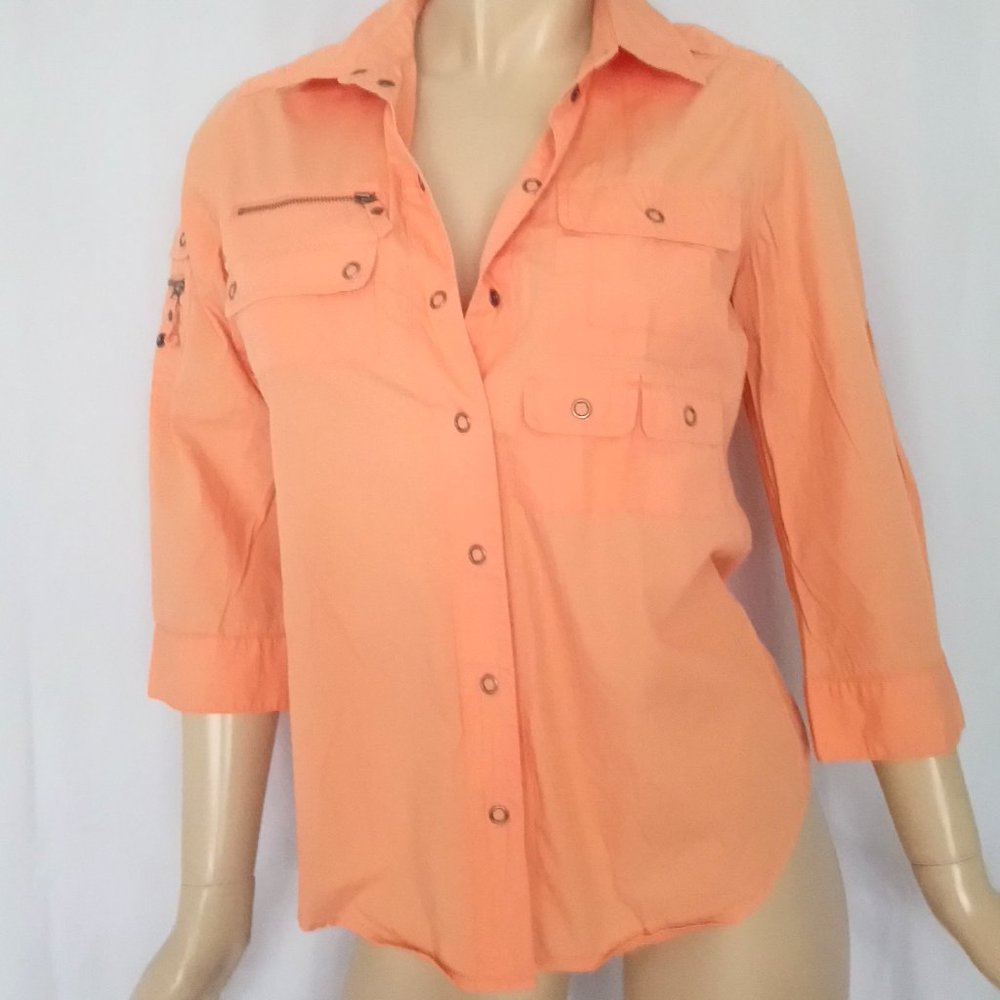 CHICO'S Orange Snap Closure Shirt Top Sz 0/S Cute!